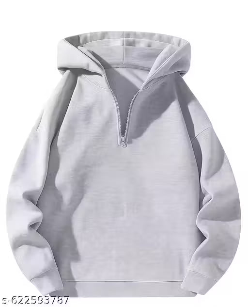 Stylish Light Grey Half Zip Fleece Hoodie For Men