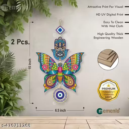 Memento New Trending Wooden Butterfly Evil Eye Hanging (2 Pcs) – Positive Vibes, Hamsa Hand & Peace Charm for House Entrance, Offices, and Decoration | Wooden Butterfly Evil Eye Hanging | Positive Vibes Deco