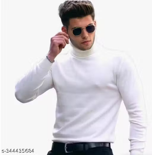 High Neck Cotton Blend Tshirt For Men Ribknit White