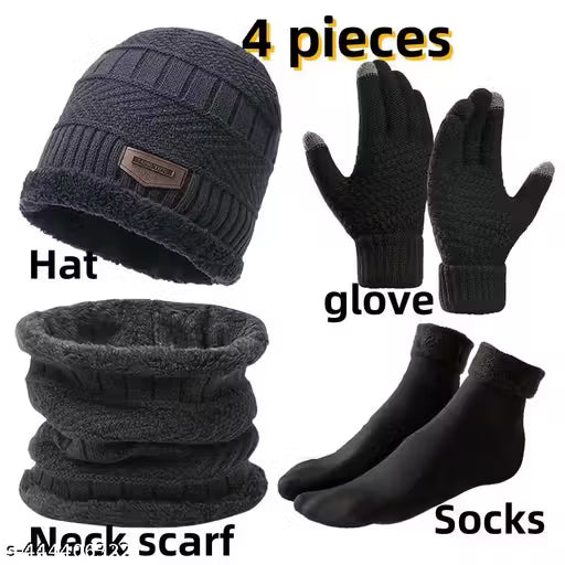 Unisex grey Woolen Premium Quality Beanie Cap with Neck Warmer-Scarf for Men Women plus Premium quality Woolen warm Gloves and warm winter unisex socks (1 Cap, 1 Neck Warmer , 1pair socks and 1 Pair of Gloves