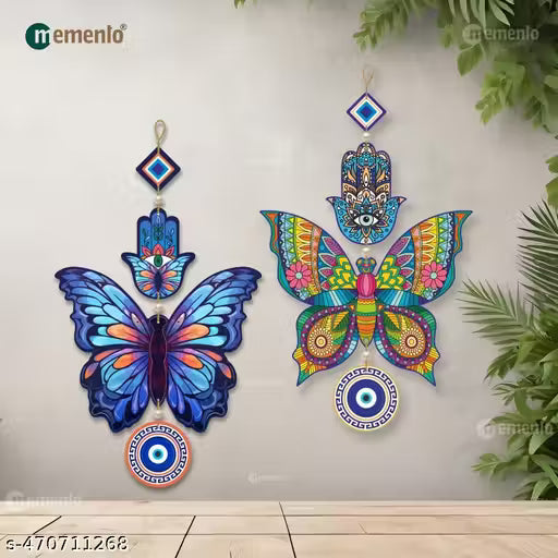 Memento New Trending Wooden Butterfly Evil Eye Hanging (2 Pcs) – Positive Vibes, Hamsa Hand & Peace Charm for House Entrance, Offices, and Decoration | Wooden Butterfly Evil Eye Hanging | Positive Vibes Deco