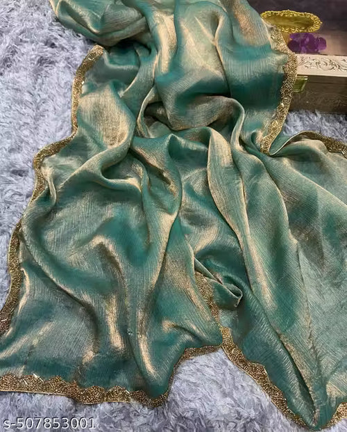 BHARODIYA ENTERPRISES Gold & Rama Green Two-Tone Soft Fancy Chiffon Silk Designer Saree with Beads & Stones, Gumming Lace Border, Embellished Partywear Wedding Sari for Festivals, Marriage, Gatherings – 6.3 Meter Length Including Running Blouse Piece