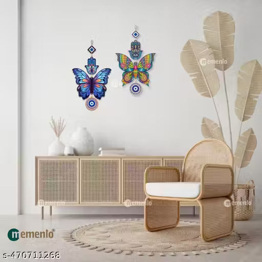 Memento New Trending Wooden Butterfly Evil Eye Hanging (2 Pcs) – Positive Vibes, Hamsa Hand & Peace Charm for House Entrance, Offices, and Decoration | Wooden Butterfly Evil Eye Hanging | Positive Vibes Deco
